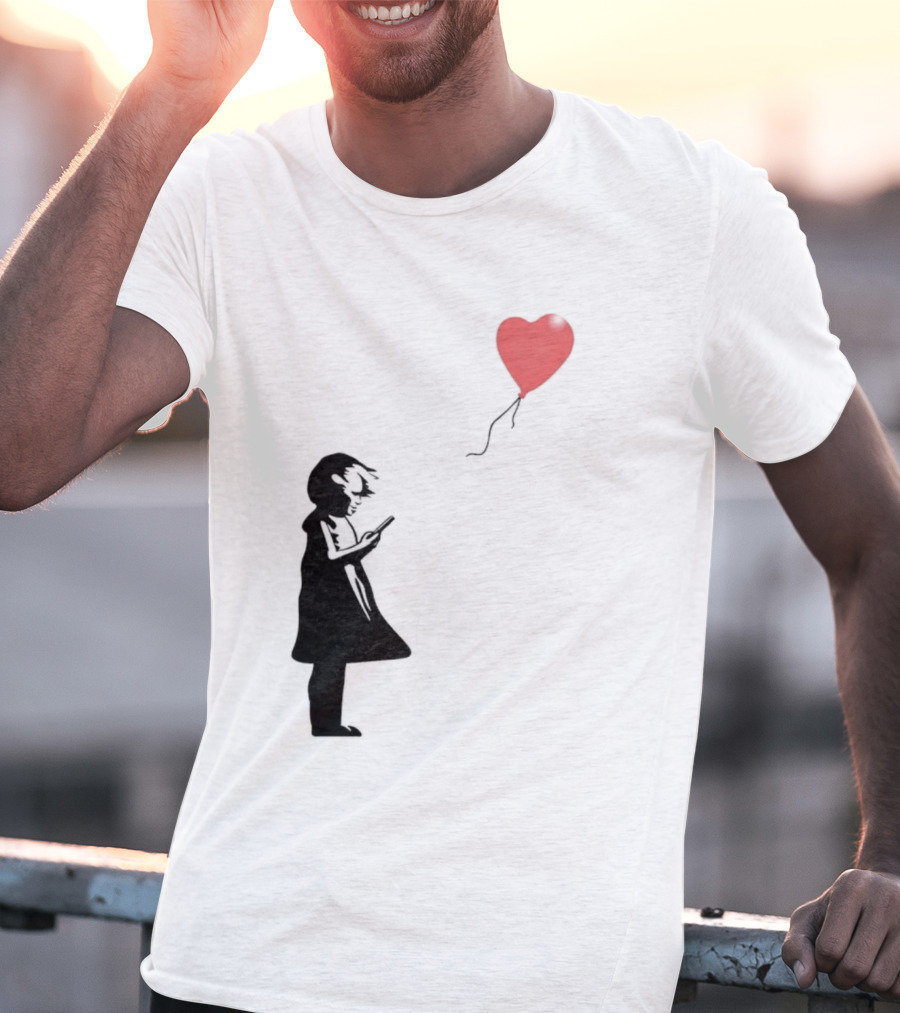 Girl With Phone Heart Balloon Black Dark Shadow T-Shirt