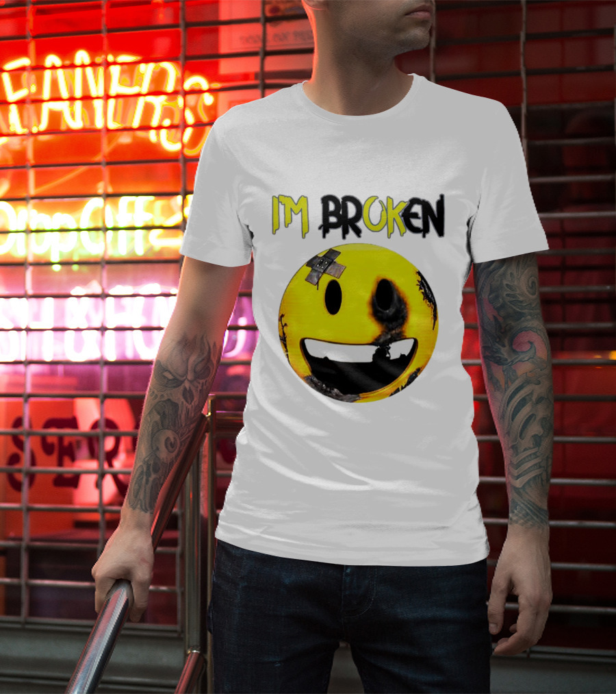 I'M BROKEN Smiley Burned And Patched Emo Smiley Face T-Shirt