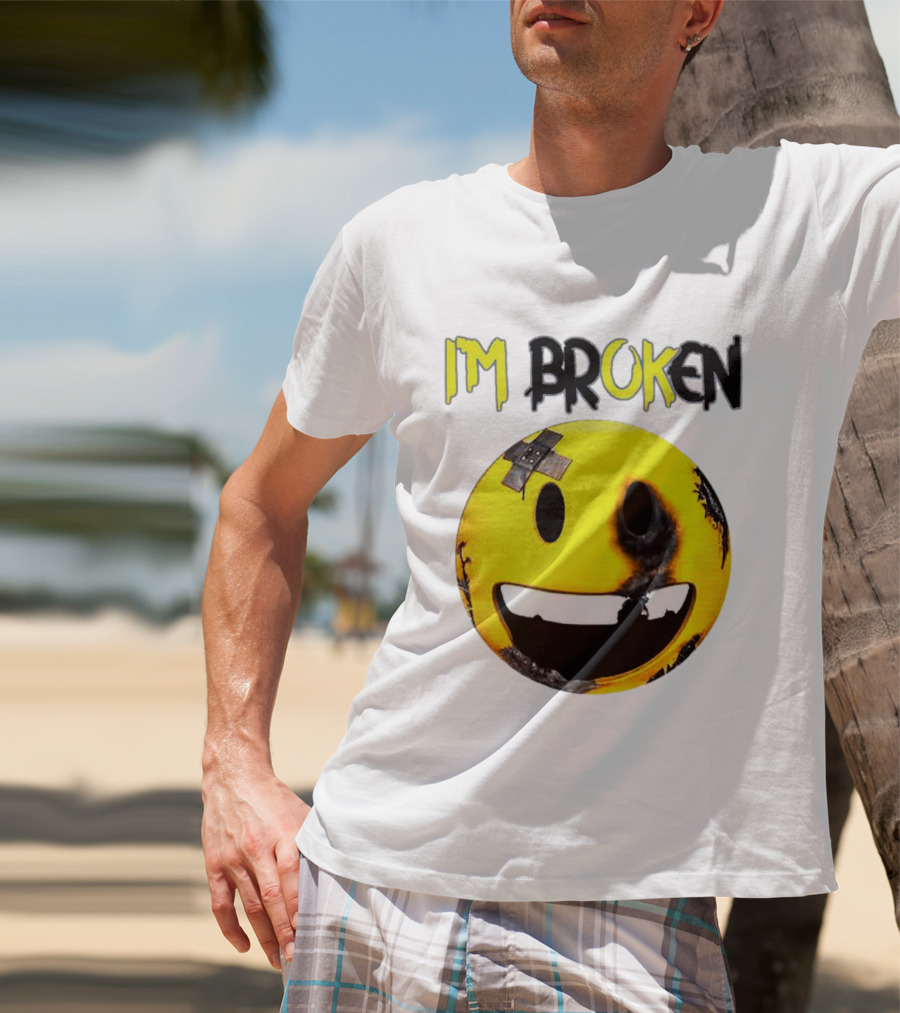 I'M BROKEN Smiley Burned And Patched Emo Smiley Face T-Shirt