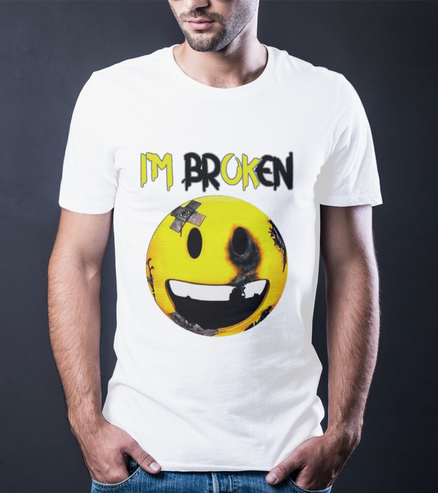 I'M BROKEN Smiley Burned And Patched Emo Smiley Face T-Shirt