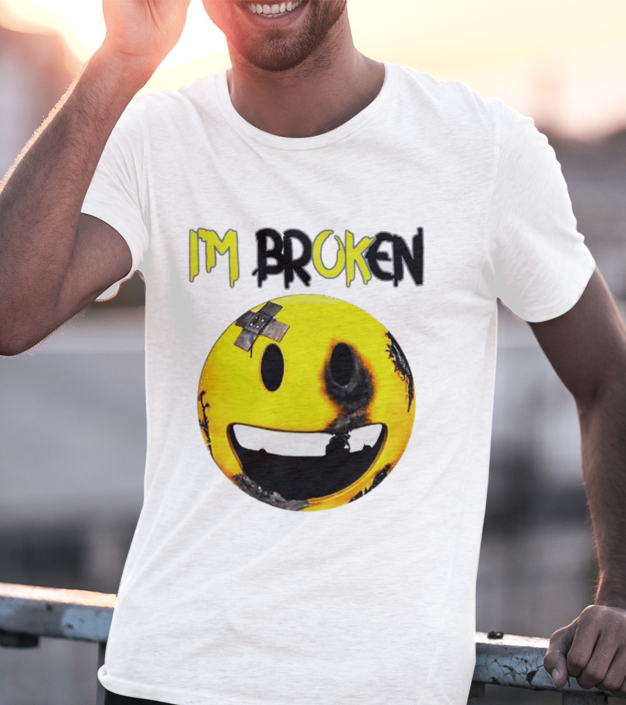 I'M BROKEN Smiley Burned And Patched Emo Smiley Face T-Shirt