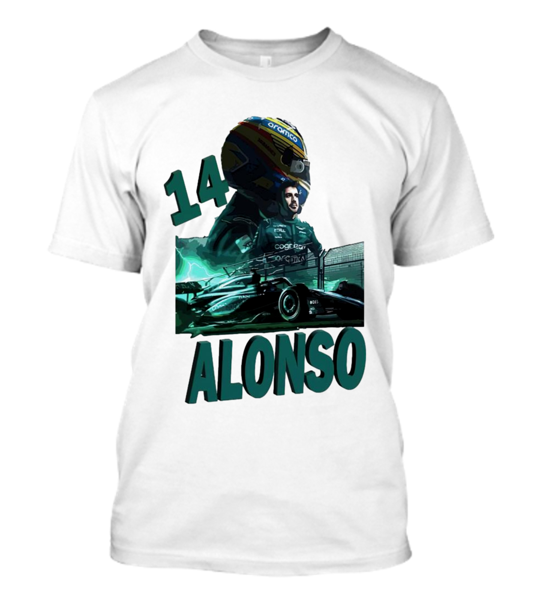 14 Alonso Aramco Racing Helmet And Car T-Shirt