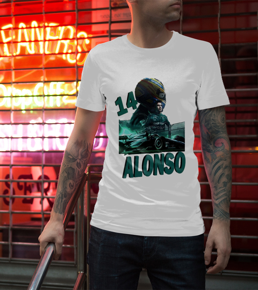 14 Alonso Aramco Racing Helmet And Car T-Shirt
