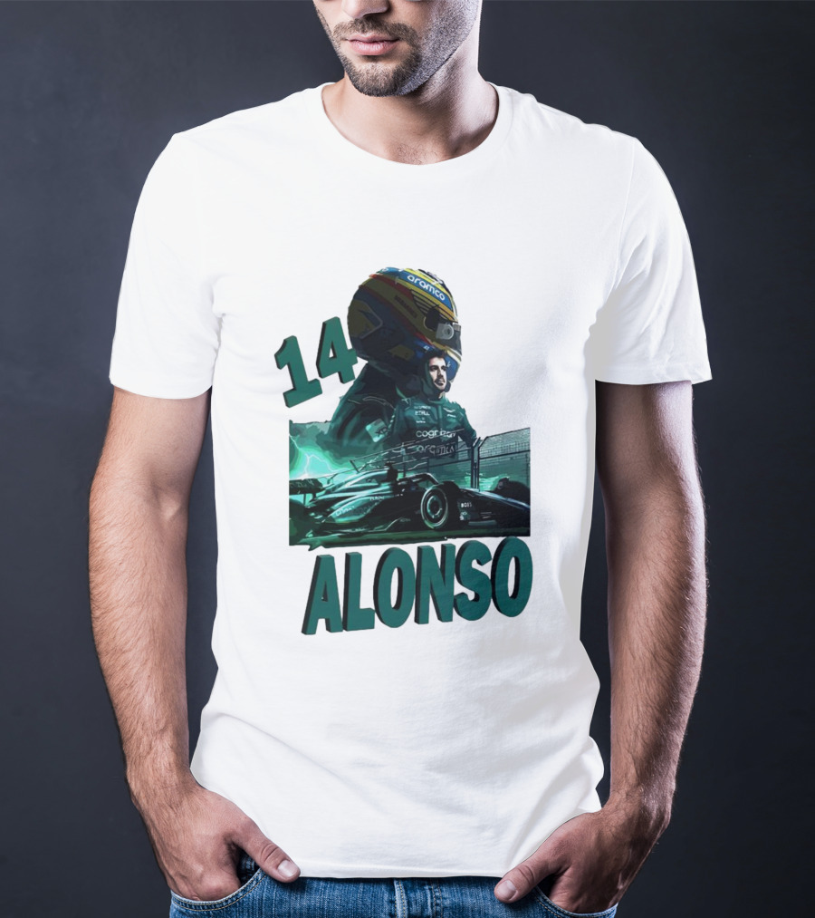 14 Alonso Aramco Racing Helmet And Car T-Shirt
