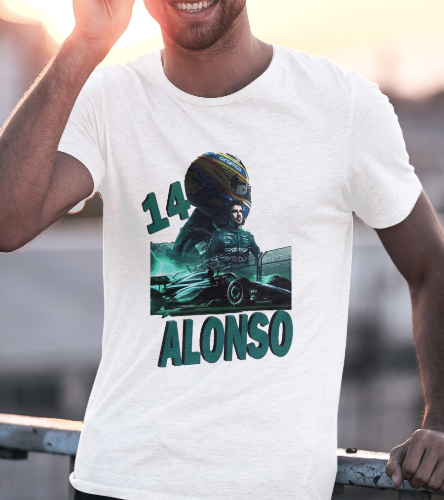 14 Alonso Aramco Racing Helmet And Car T-Shirt