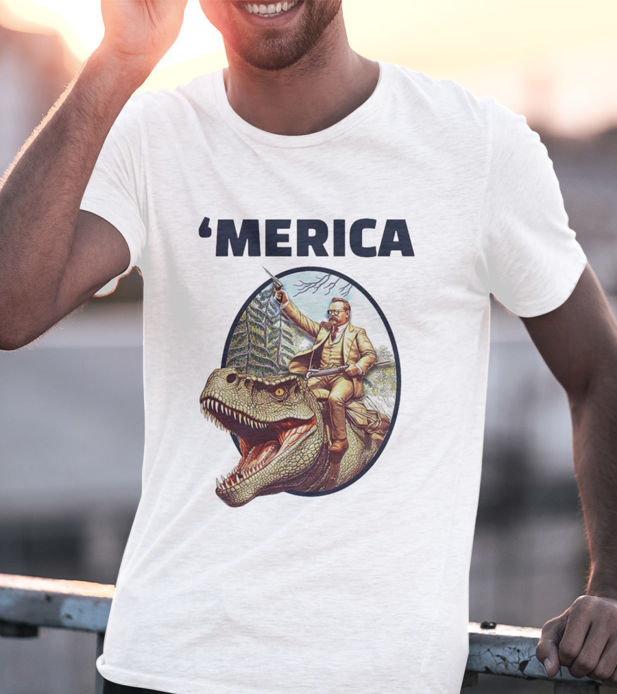 Theodore Roosevelt Riding Dinosaur ‘Merica Patriotic Adventure Scene T-Shirt