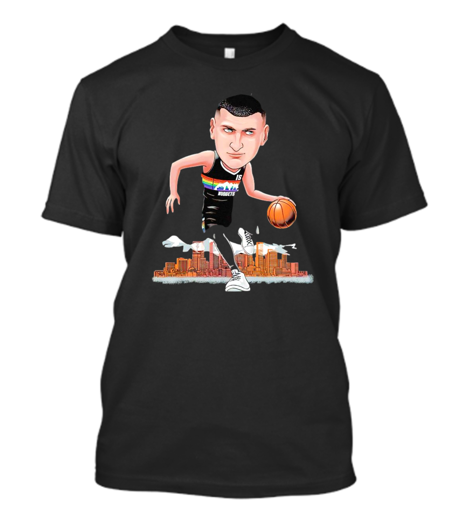 Nikola Jokic Denver Nuggets Cartoon Dribbling Basketball Colorado Skyline T-Shirt
