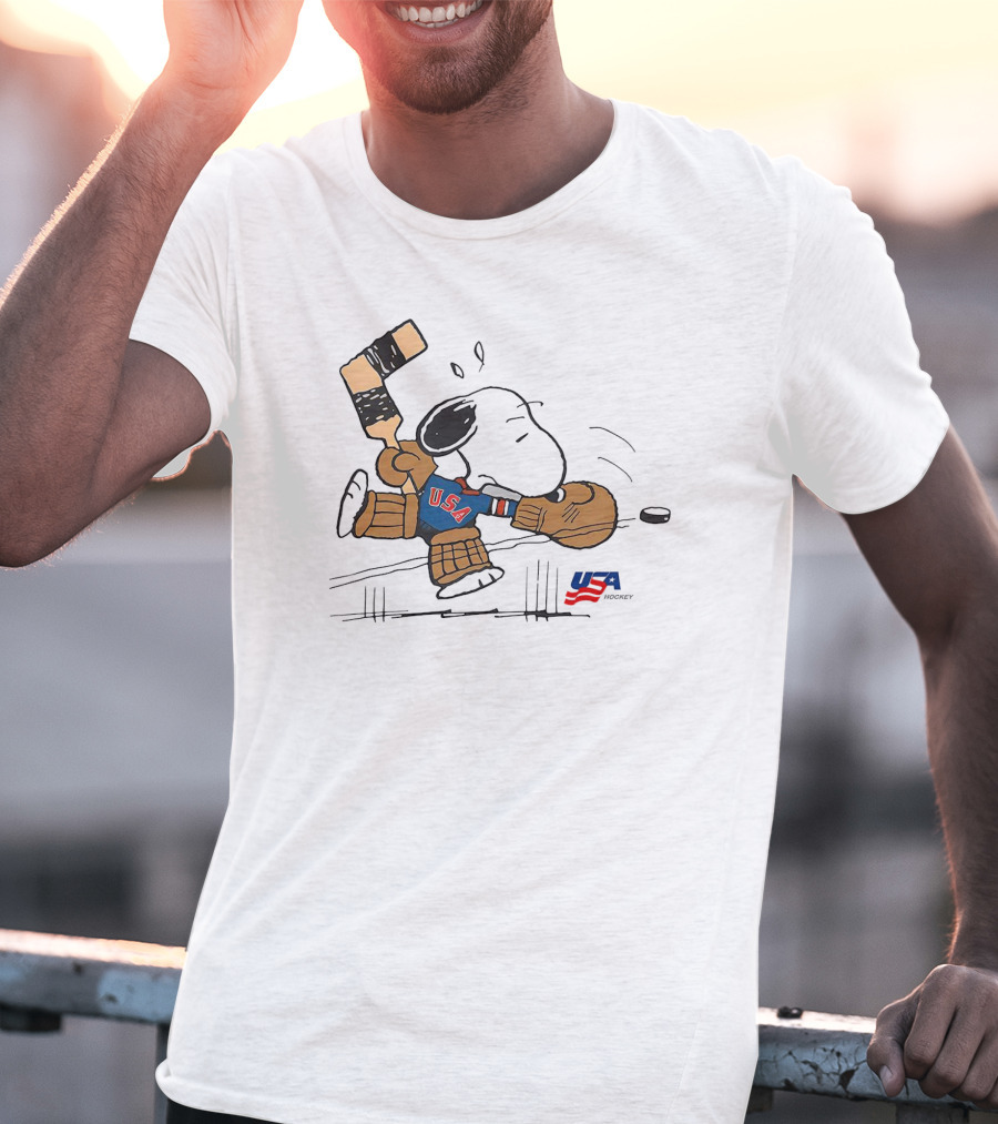 Peanuts Snoopy USA Hockey Goalie With Bat And USA Puck T-Shirt