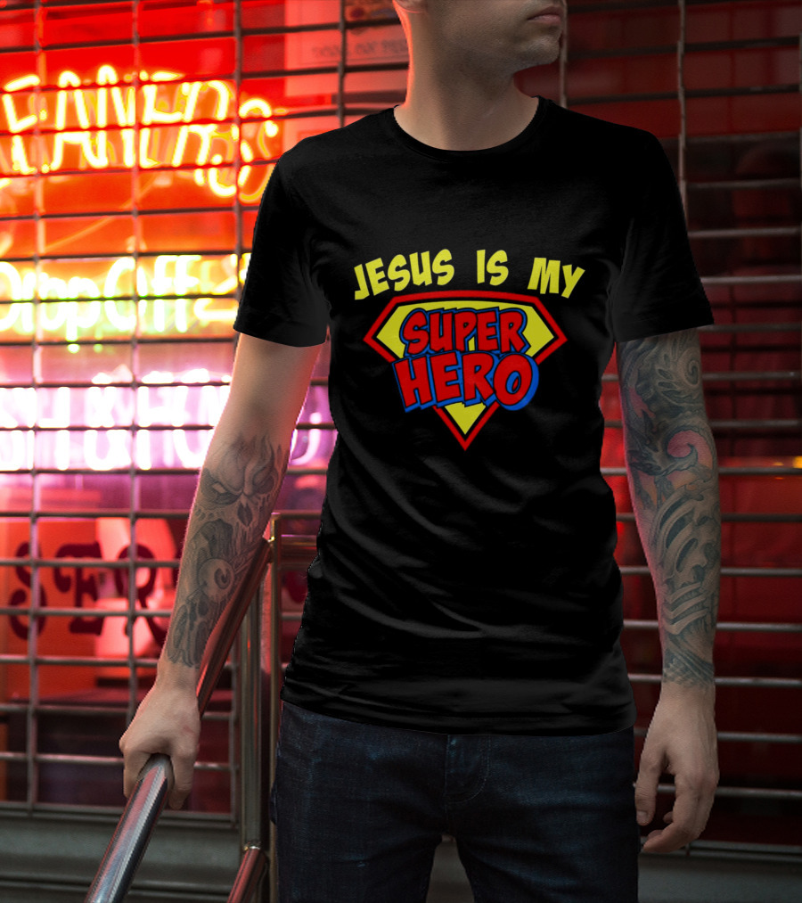 Jesus Is My Superhero Shield Emblem T-Shirt