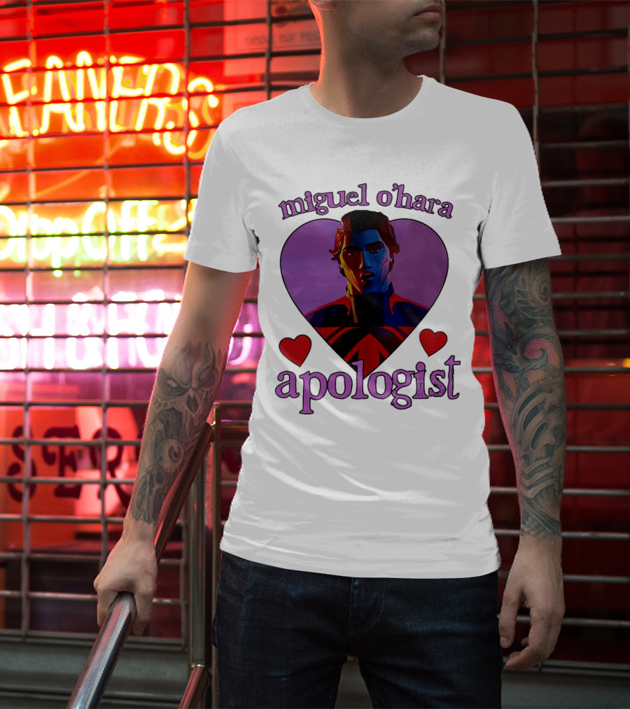 Miguel O’Hara Apologist Love Heart With Heroic Figure In Purple And Red Hearts T-Shirt
