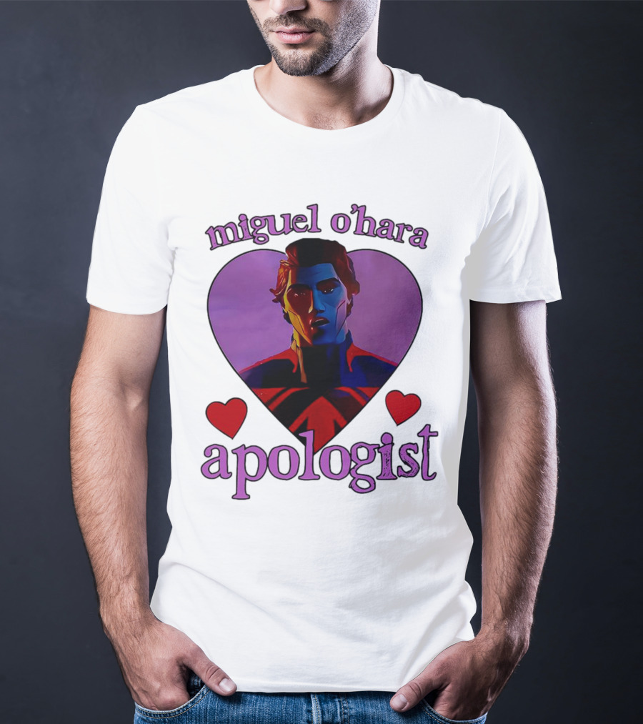 Miguel O’Hara Apologist Love Heart With Heroic Figure In Purple And Red Hearts T-Shirt
