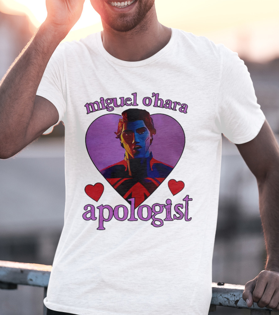 Miguel O’Hara Apologist Love Heart With Heroic Figure In Purple And Red Hearts T-Shirt