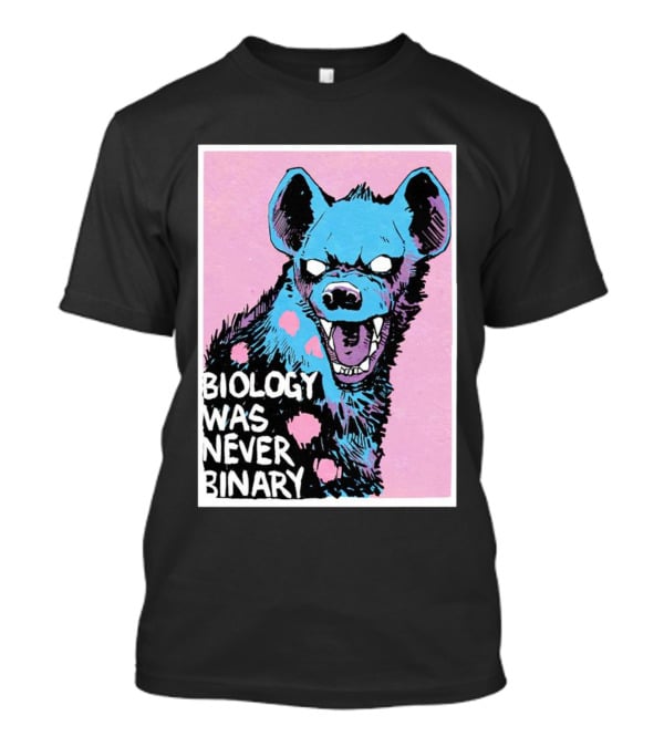 Biology Was Never Binary Blue Hyena Pink Background T-Shirt
