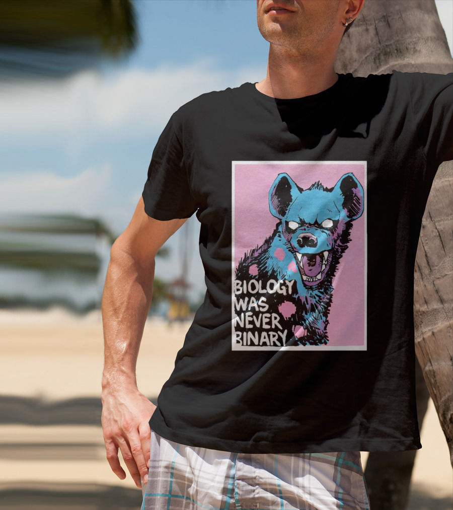 Biology Was Never Binary Blue Hyena Pink Background T-Shirt
