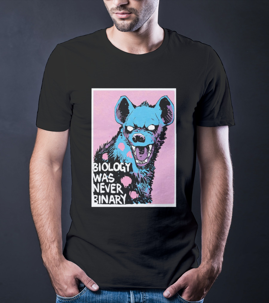 Biology Was Never Binary Blue Hyena Pink Background T-Shirt