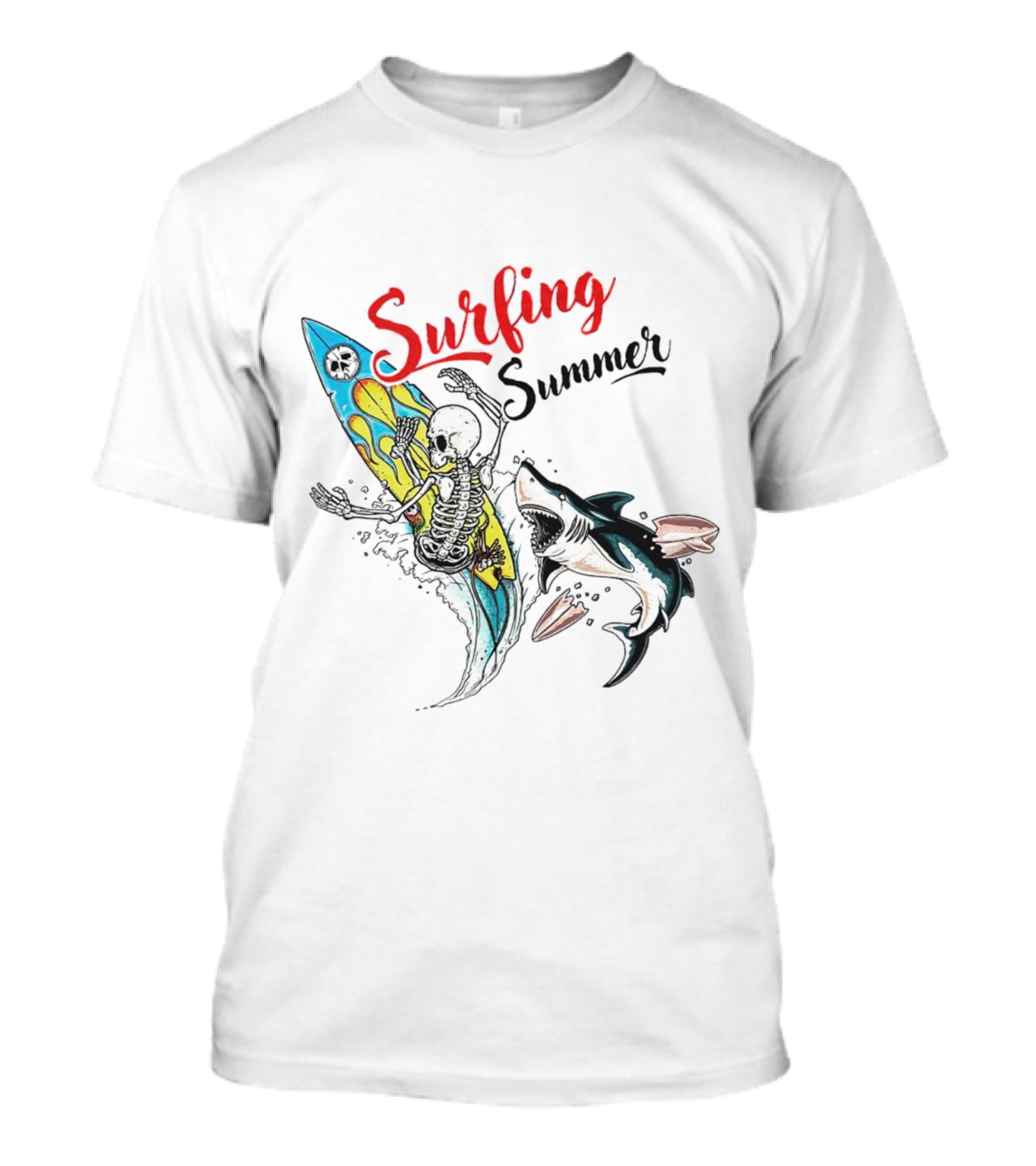 Surfing Summer Skeleton Battling Shark Adventure T-Shirt