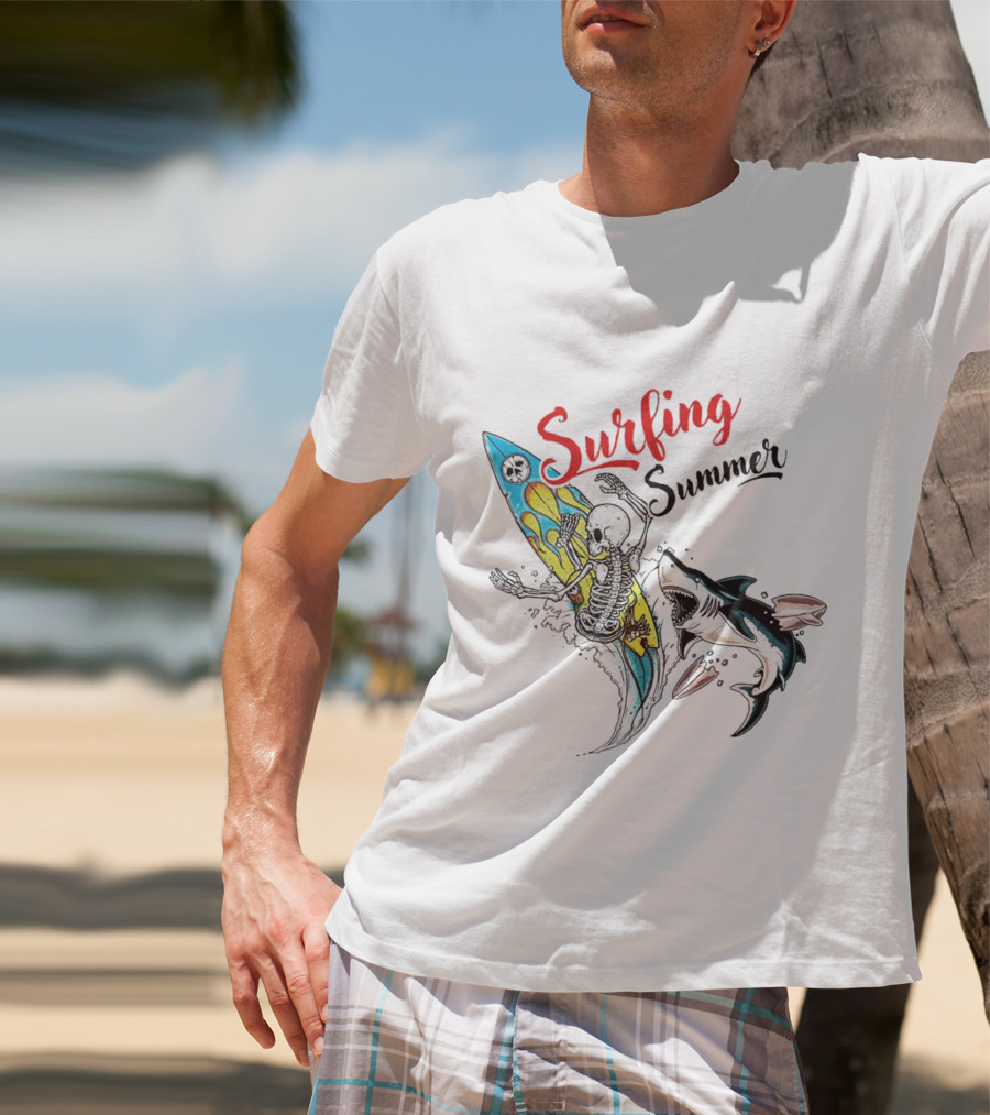Surfing Summer Skeleton Battling Shark Adventure T-Shirt