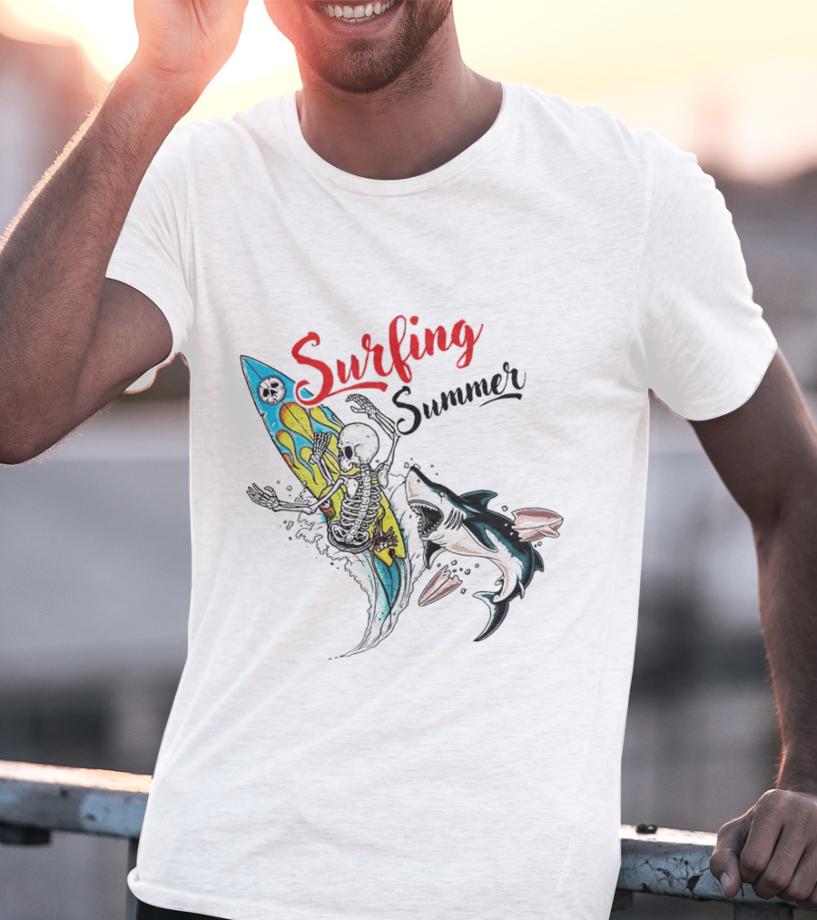 Surfing Summer Skeleton Battling Shark Adventure T-Shirt