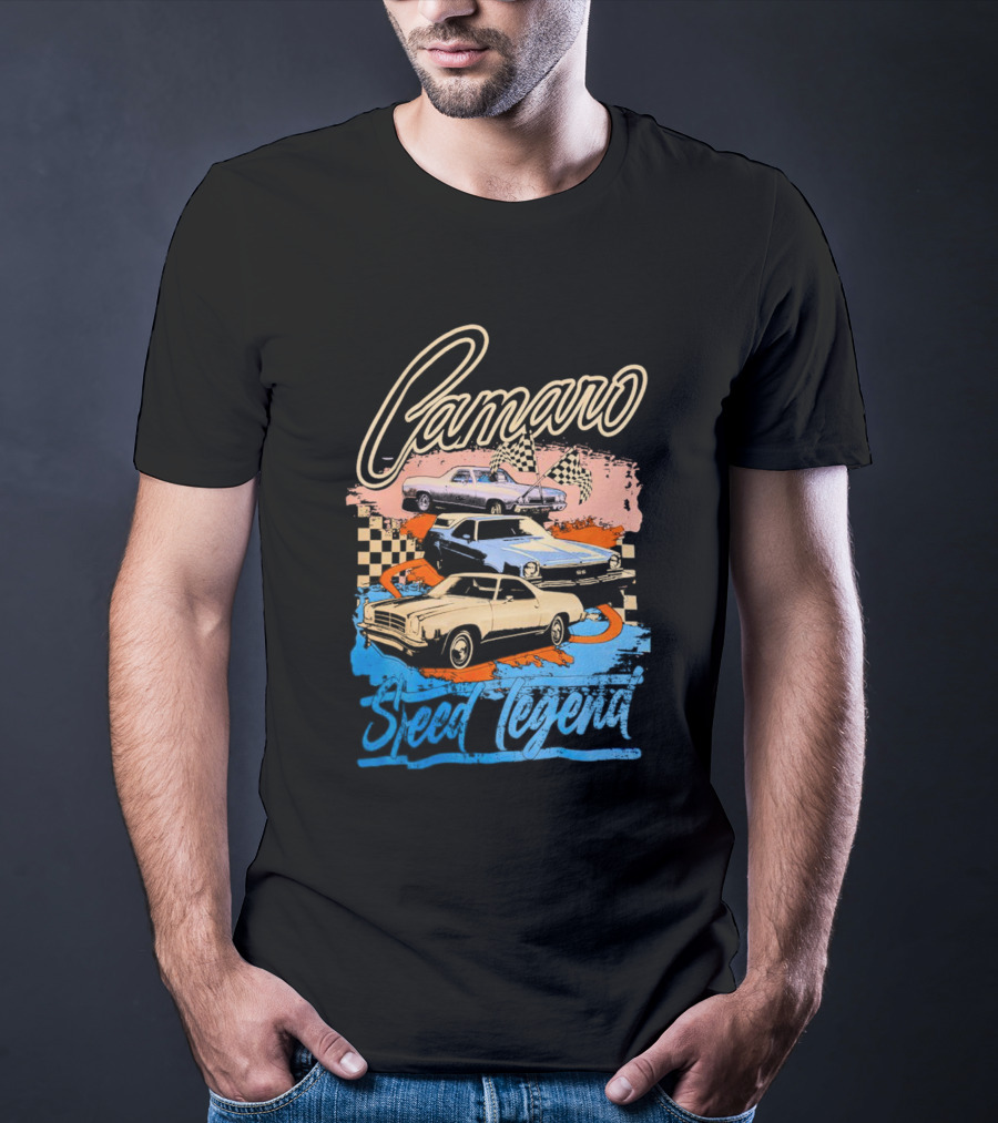 Camaro Speed Legend Vintage Racing Cars Checkered Flags T-Shirt