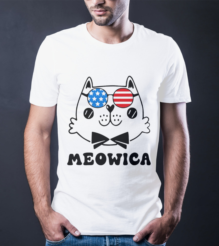 Meowica America Cat In Patriotic Star And Stripe Sunglasses T-Shirt