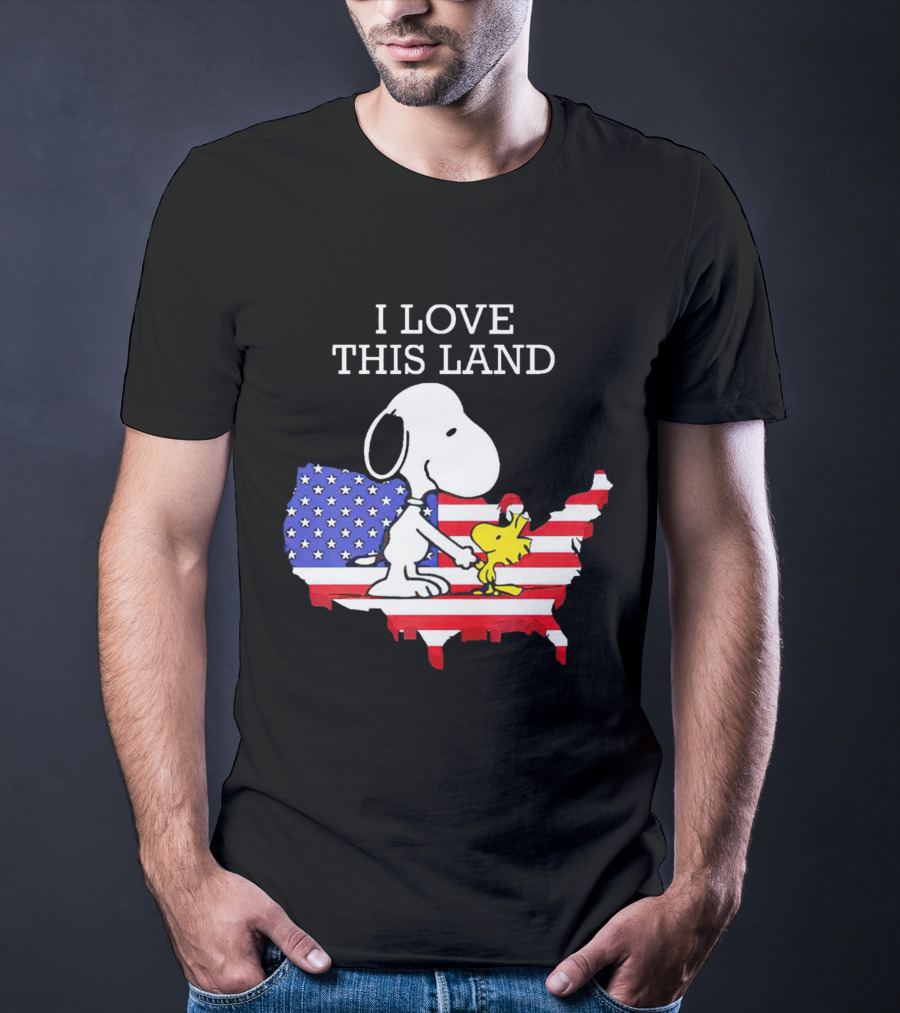 Snoopy Woodstock I Love This Land American Flag USA Map T-Shirt