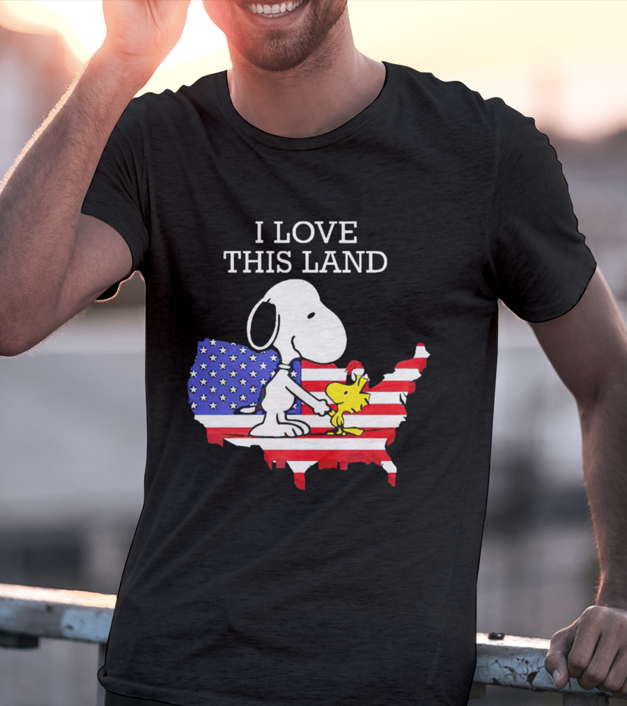 Snoopy Woodstock I Love This Land American Flag USA Map T-Shirt