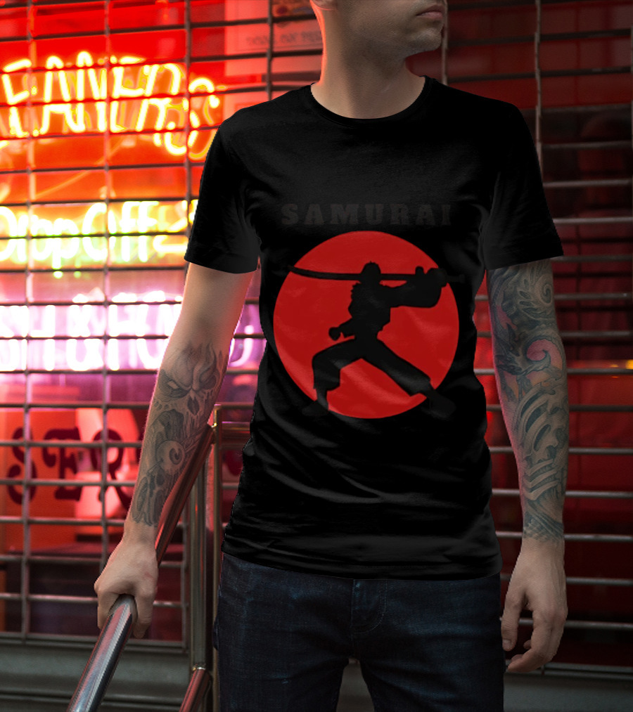 Samurai Silhouette With Red Sun Background T-Shirt