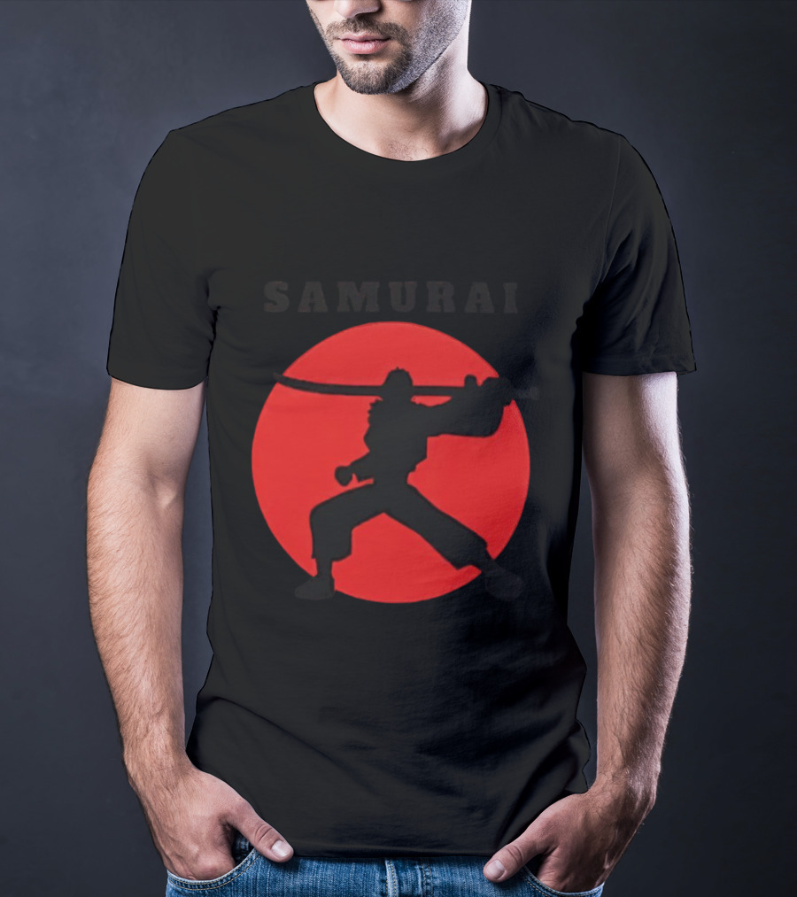 Samurai Silhouette With Red Sun Background T-Shirt