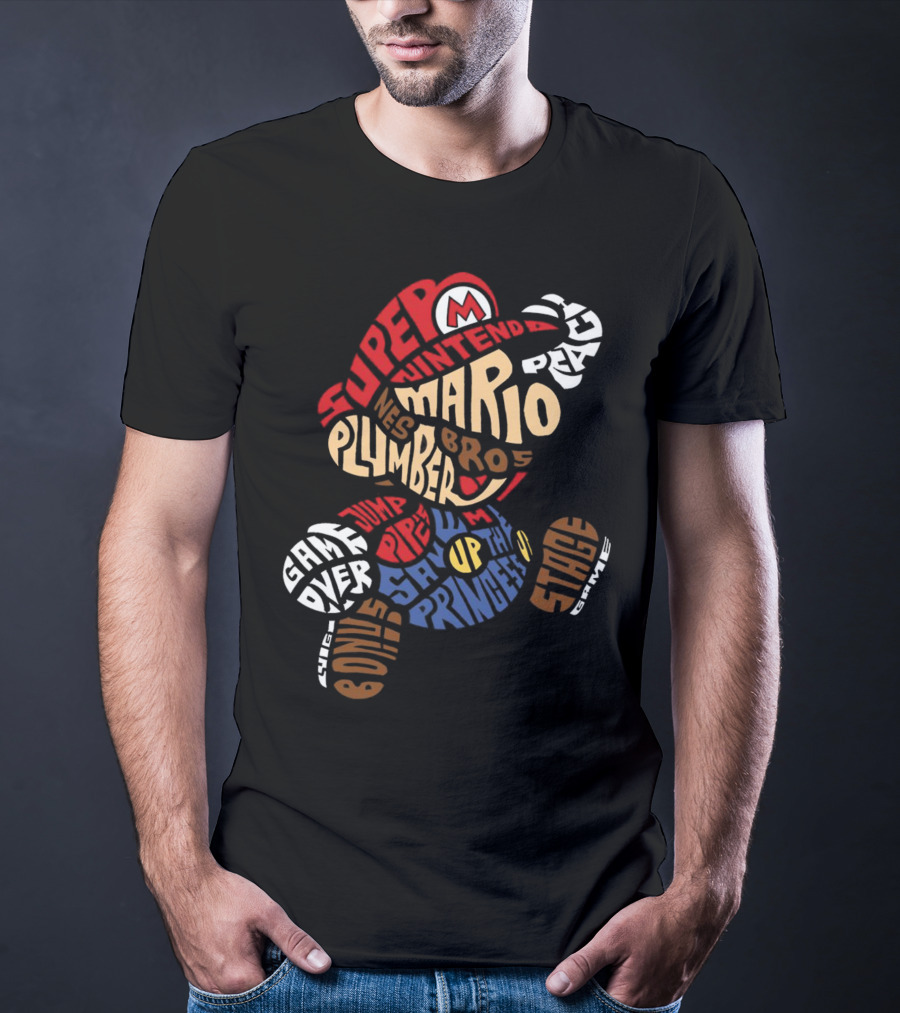 Super Nintendo Mario Bros Plumber Jump Stage Game Typography T-Shirt