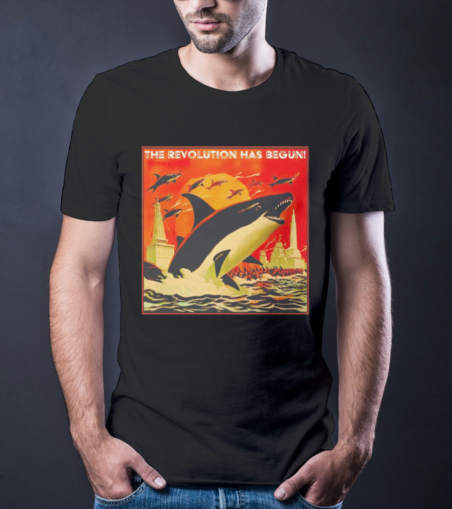 The Revolution Has Begun Orca Tower Attack With Jumping Killer Whales And Red Sky T-Shirt