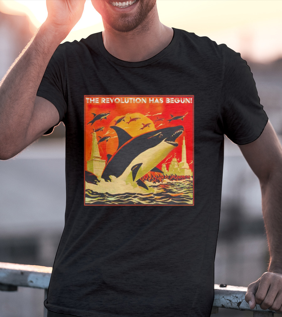The Revolution Has Begun Orca Tower Attack With Jumping Killer Whales And Red Sky T-Shirt