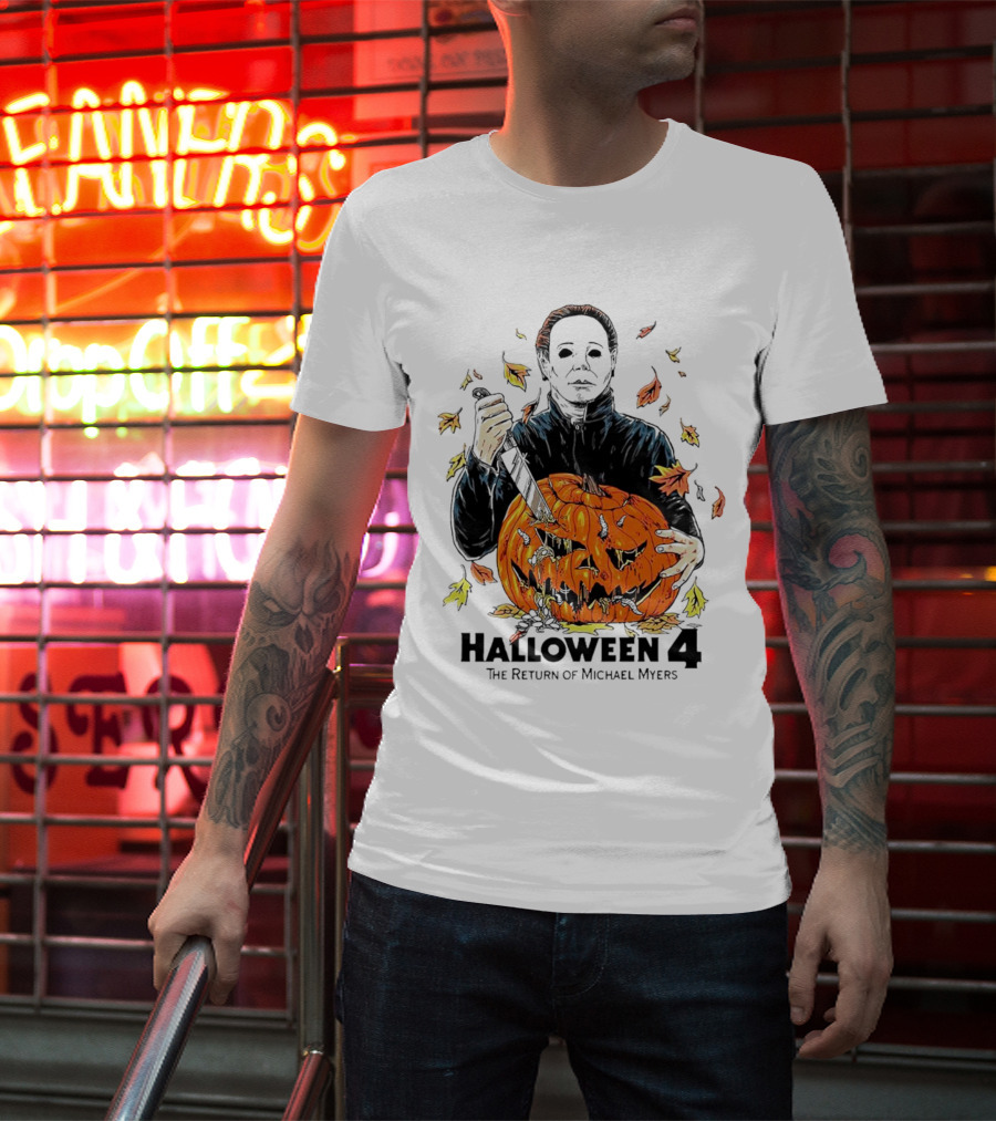 Halloween 4 The Return Of Michael Myers Knife-Wielding Michael With Carved Pumpkin And Autumn Leaves T-Shirt