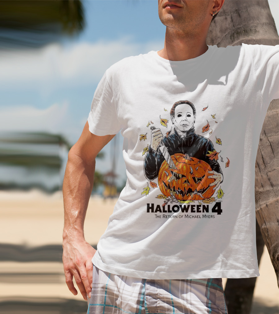 Halloween 4 The Return Of Michael Myers Knife-Wielding Michael With Carved Pumpkin And Autumn Leaves T-Shirt