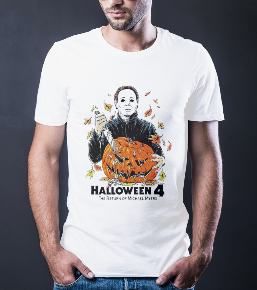 Halloween 4 The Return Of Michael Myers Knife-Wielding Michael With Carved Pumpkin And Autumn Leaves T-Shirt