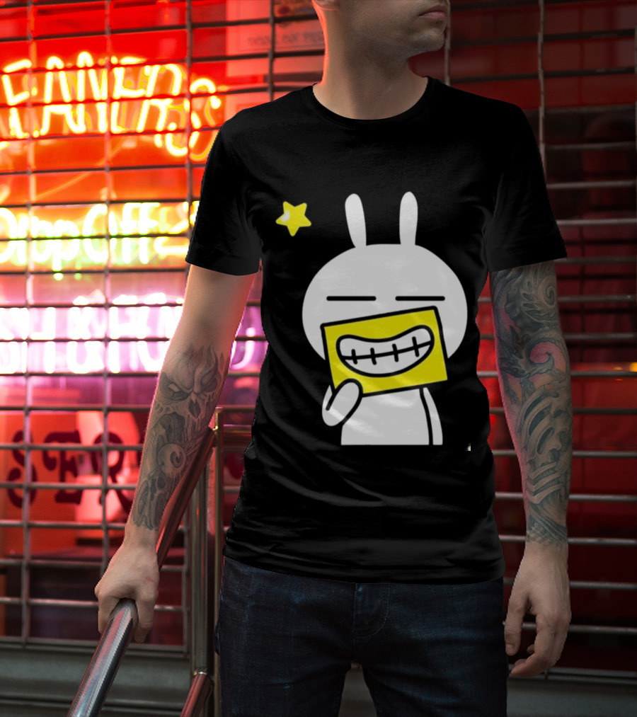 Tuzki Holding Fake Smile Cartoon Character With Star T-Shirt