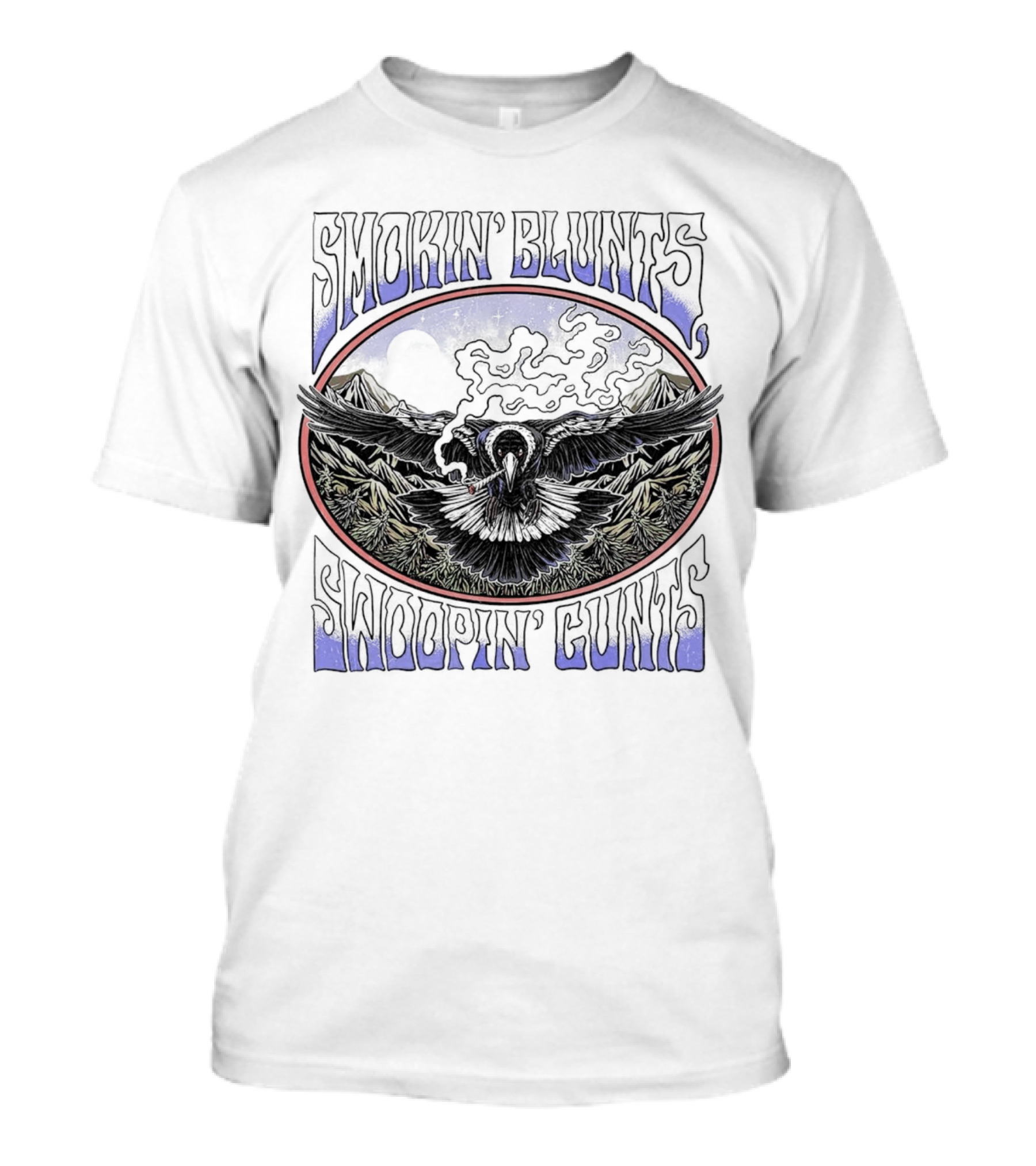 Smokin’ Blunts Swoopin’ Gunts Raven With Smoky Mountains And Clouds T-Shirt