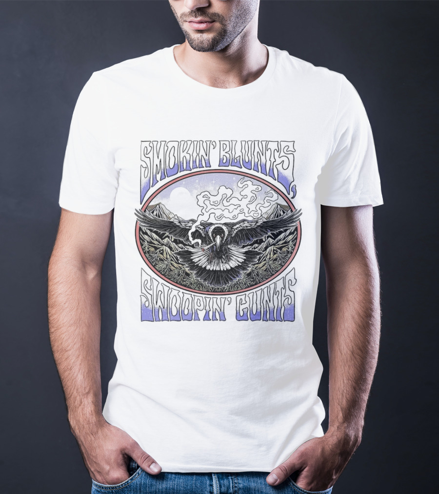 Smokin’ Blunts Swoopin’ Gunts Raven With Smoky Mountains And Clouds T-Shirt