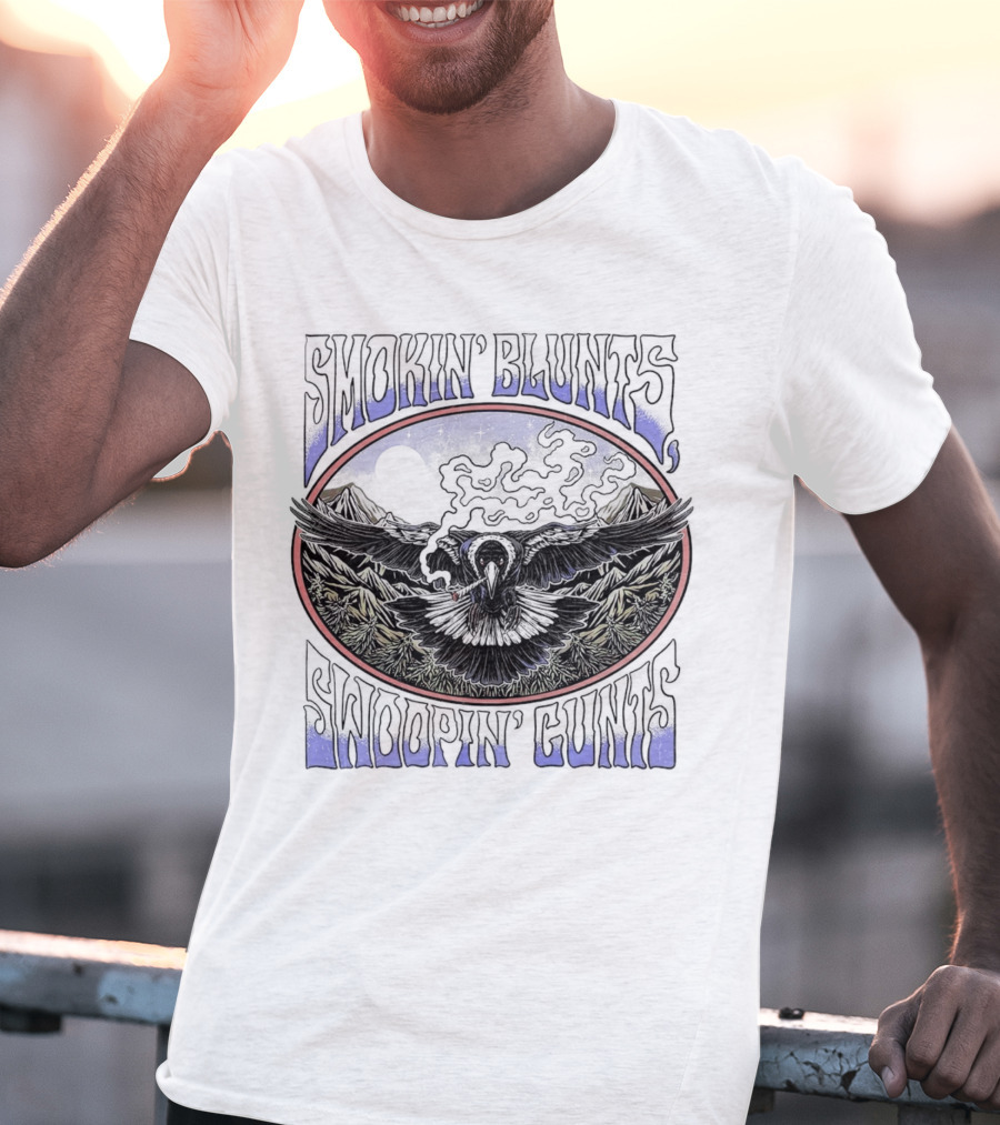 Smokin’ Blunts Swoopin’ Gunts Raven With Smoky Mountains And Clouds T-Shirt