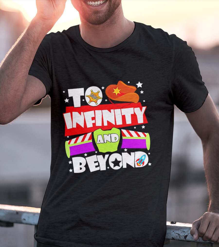 To Infinity And Beyond Toy Story Sheriff Badge Cowboy Hat Rocket T-Shirt