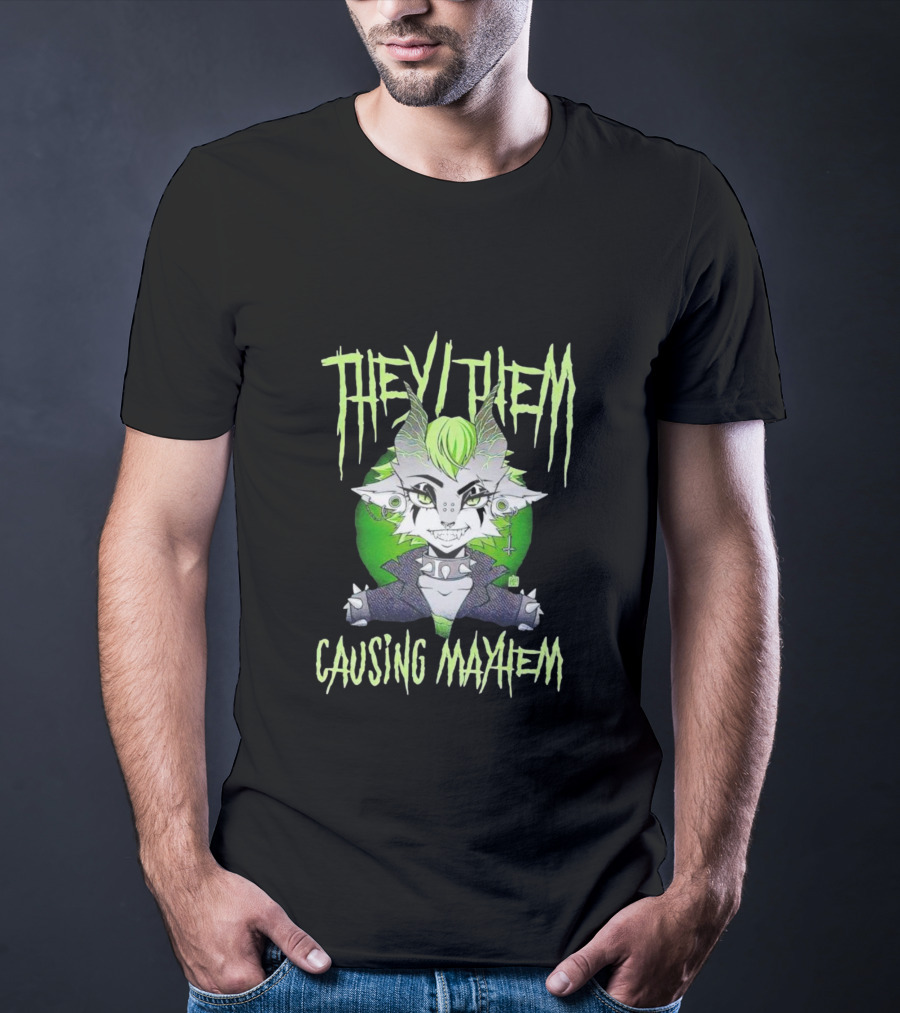 They Them Causing Mayhem Punk Monster Character With Green Hair And Spikes T-Shirt