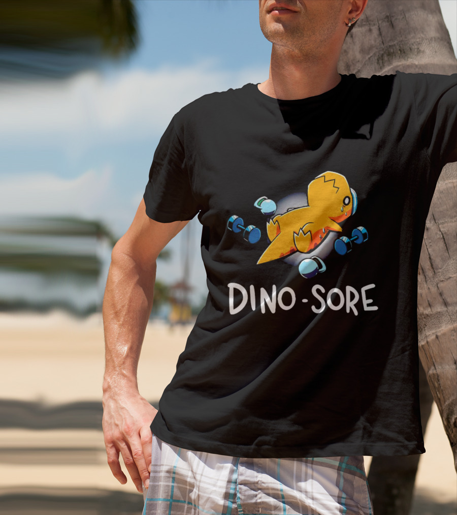Elspeth Eastman Dino Sore Cute Tired Dinosaur With Weights T-Shirt