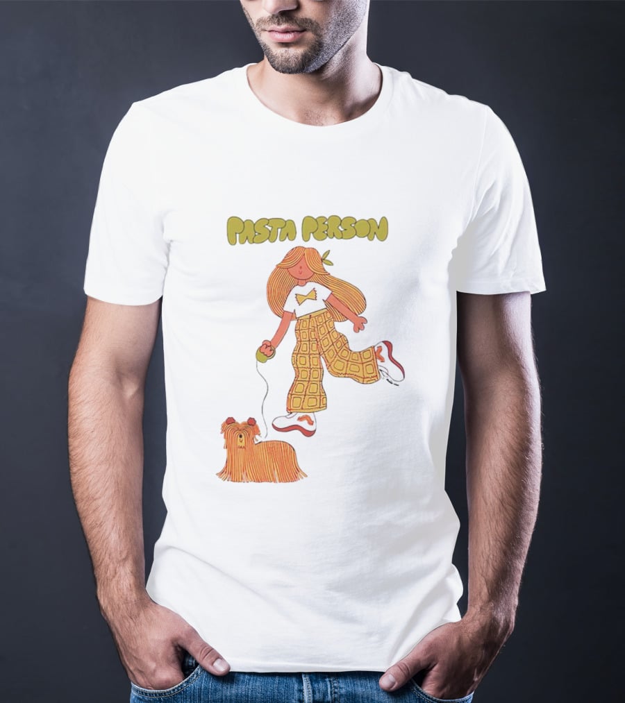 Pasta Person Walking Dog In Checkered Pants And White Sneakers T-Shirt