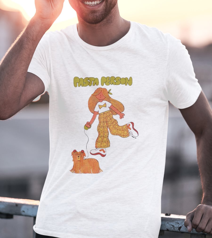 Pasta Person Walking Dog In Checkered Pants And White Sneakers T-Shirt