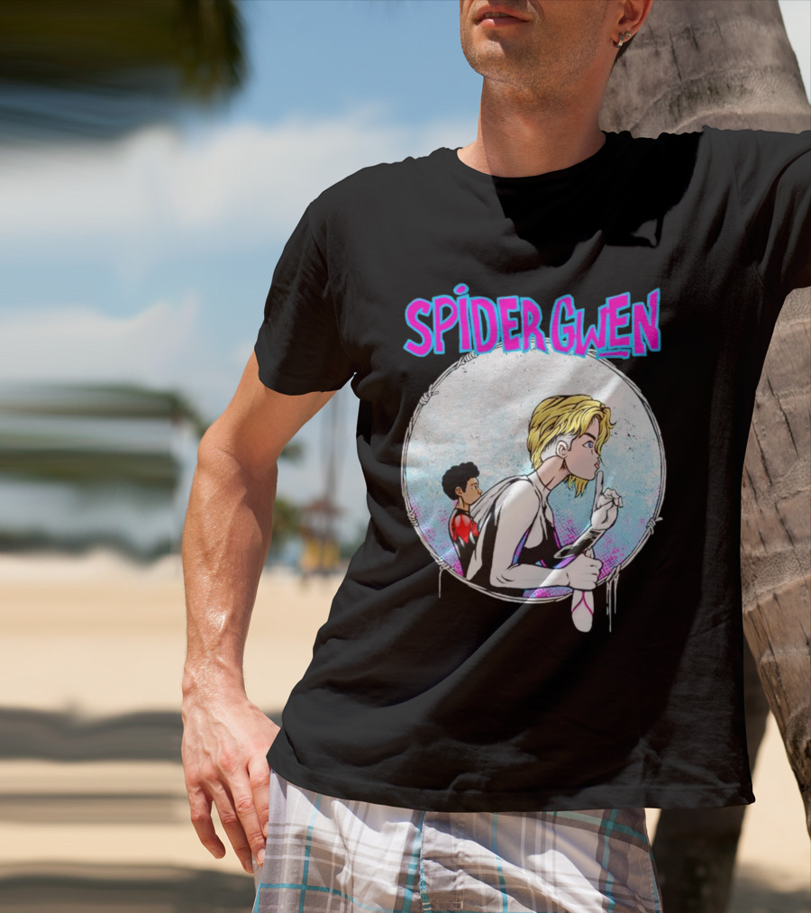 Spider-Gwen Silence Gesture With Spider Emblem Background T-Shirt
