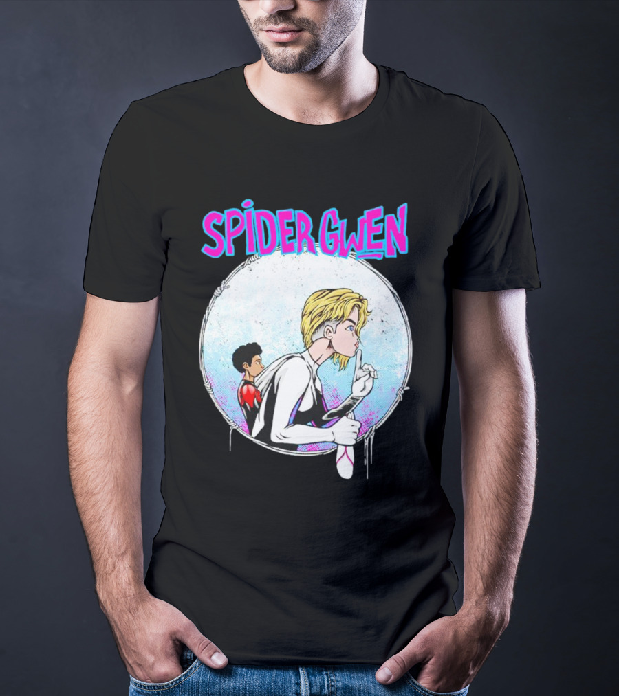 Spider-Gwen Silence Gesture With Spider Emblem Background T-Shirt