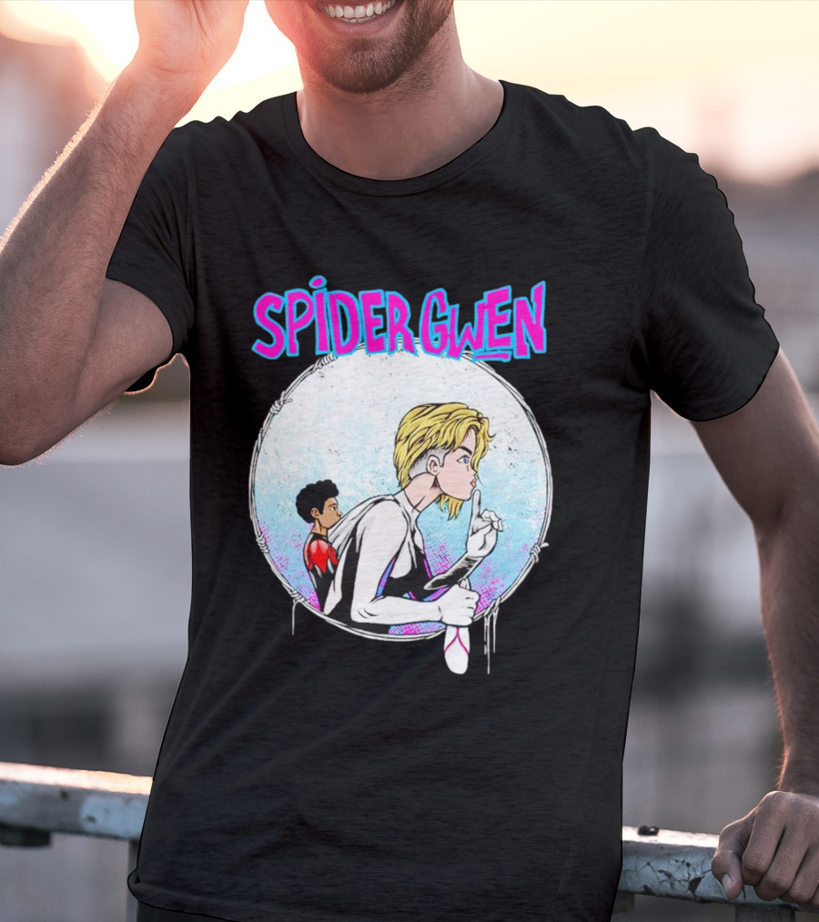 Spider-Gwen Silence Gesture With Spider Emblem Background T-Shirt