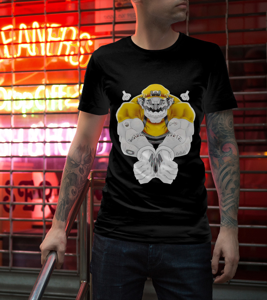Wario Time Mario Daisy Tattoo With Yellow Cap And Muscle Pose T-Shirt