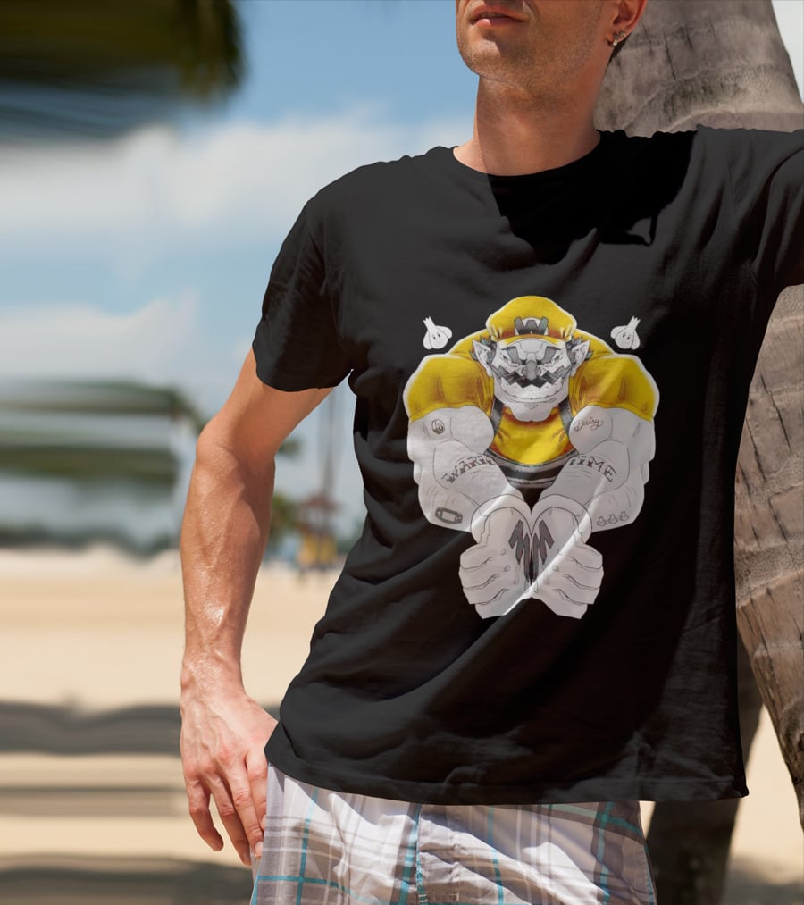 Wario Time Mario Daisy Tattoo With Yellow Cap And Muscle Pose T-Shirt