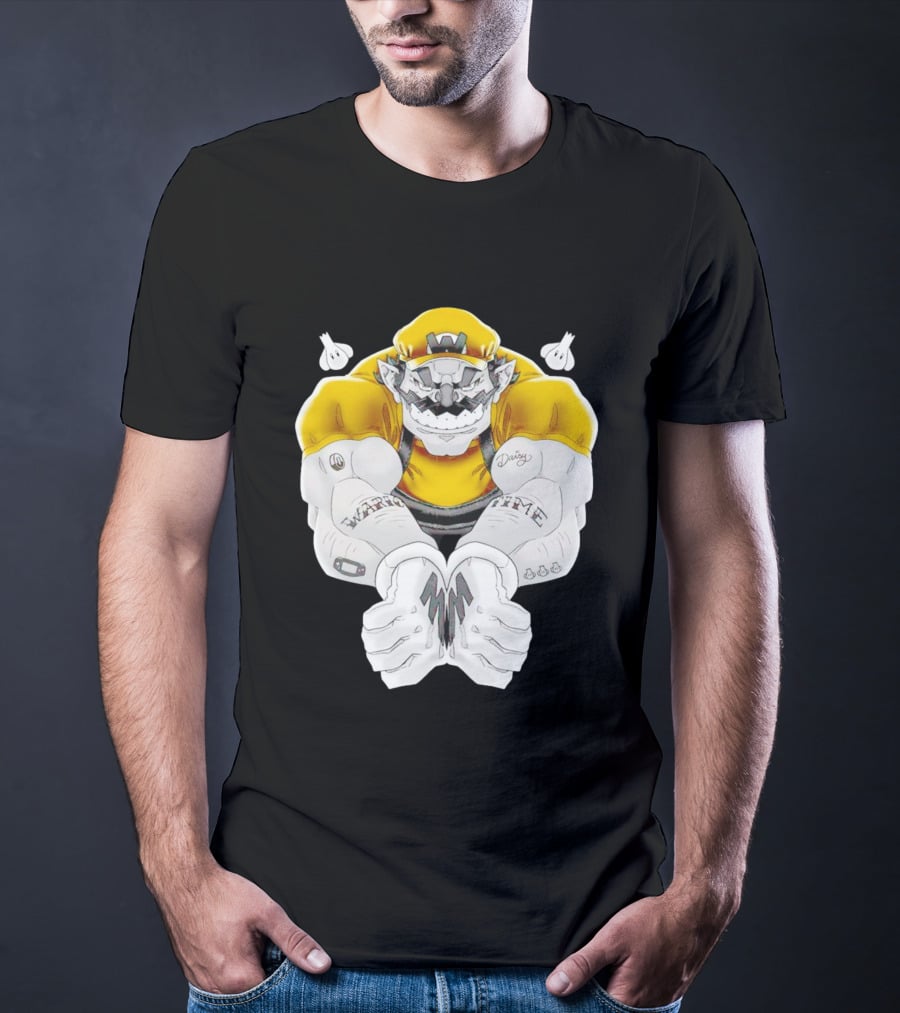 Wario Time Mario Daisy Tattoo With Yellow Cap And Muscle Pose T-Shirt
