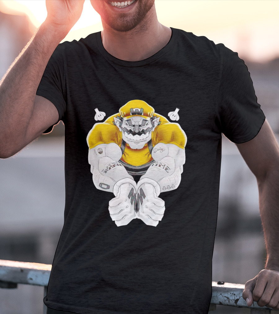 Wario Time Mario Daisy Tattoo With Yellow Cap And Muscle Pose T-Shirt